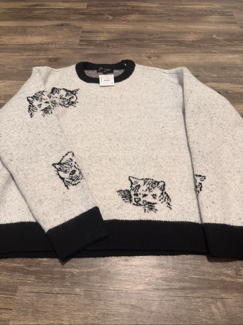 Gray Cat-Pattern Crewneck Sweater